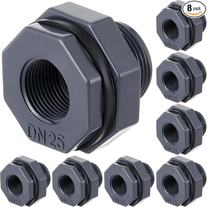 Bulkhead Fitting PVC Water Tank Connector Plumbing Pipe Threaded Bulkhead Fitting NPT for Rain Barrels, Water Tanks, Aquariums, Tubs, Pools(8 Pcs,1 Inch)