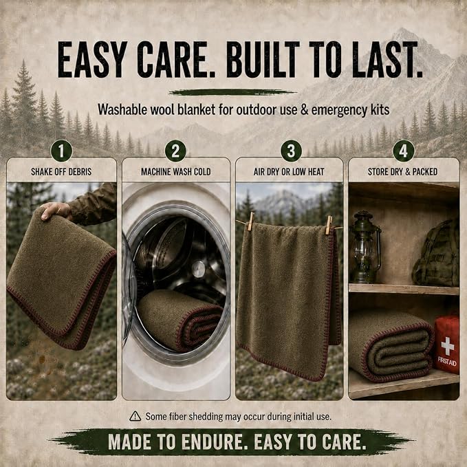 Wool Camping Blanket 10-Pack - 70% Wool Heavy-Duty Military Style Throw, Warm & Washable, Fire Retardant Cover for Emergency, Survival & Outdoor Use - For Camping, Car, Home & Hiking, Olive 66x90