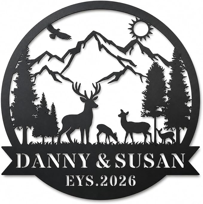 Personalized Deer Mountain Metal Sign Custom Family Name Wall Decor Rustic Cabin Outdoor Yard Art Wedding Anniversary Sign Gift