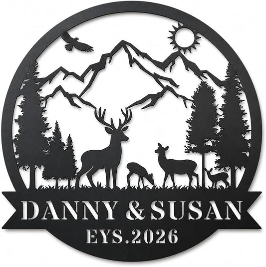 Personalized Deer Mountain Metal Sign Custom Family Name Wall Decor Rustic Cabin Outdoor Yard Art Wedding Anniversary Sign Gift