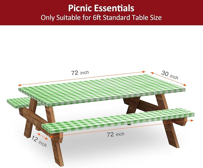 6ft Picnic Table and Bench Cover, Camping Essentials RV Gear, 72in Waterproof Windproof Outdoor Elastic All Around Tablecloth, Fitted Rectangle Tables and Seats, Green-White Checkered