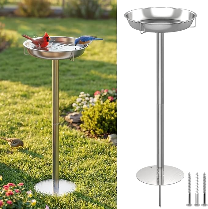 tinnmao 304 Stainless Steel Bird Bath for Outside, 40 Inch Tall Freestanding Metal Birdbath & Feeder with Removable Bowl for Garden Yard Patio Lawn