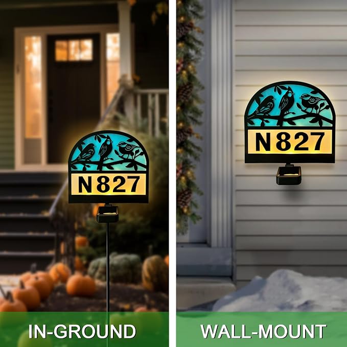 Solar Address Signs for Houses,YY Gardenia House Numbers for Outside,Metal Birds Decor for Outside,Yard Sign Stake