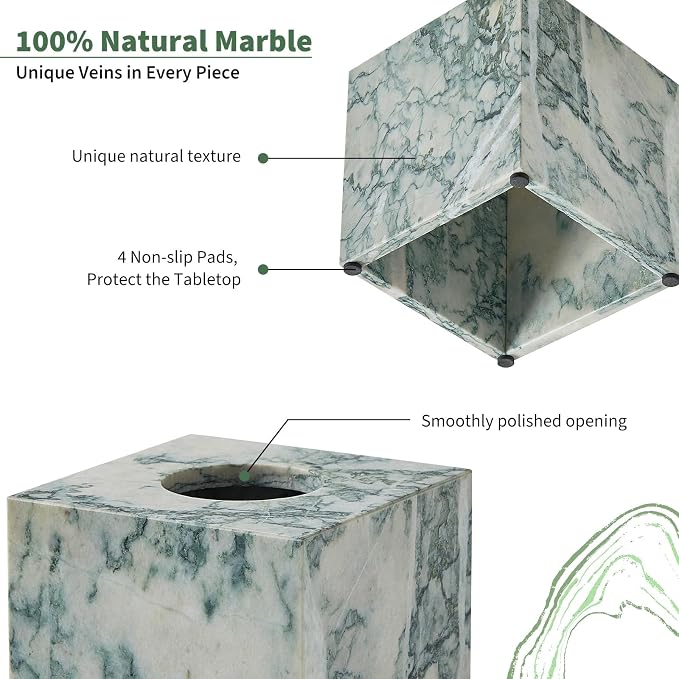 Real Natural Marble Tissue Box Cover, 5.5 Inch Square Marble Tissue Box Holder with Open Bottom, Heavy Stone Decorative Organizer for Bathroom Vanity, Kitchen Countertop, Luxury Home Décor
