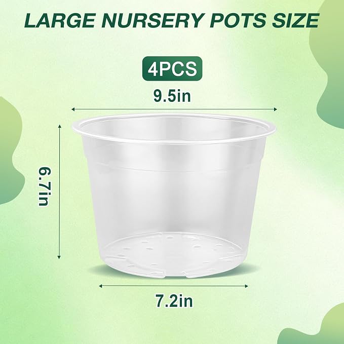 10 Inch Clear Nursery Pots with Drainage Holes, 4 Pack Flexible Large Plant Pots for Plants, Plastic Clear Nursery Pots for Seedling, Shrubs, Herbs, Flowers, Vegetables