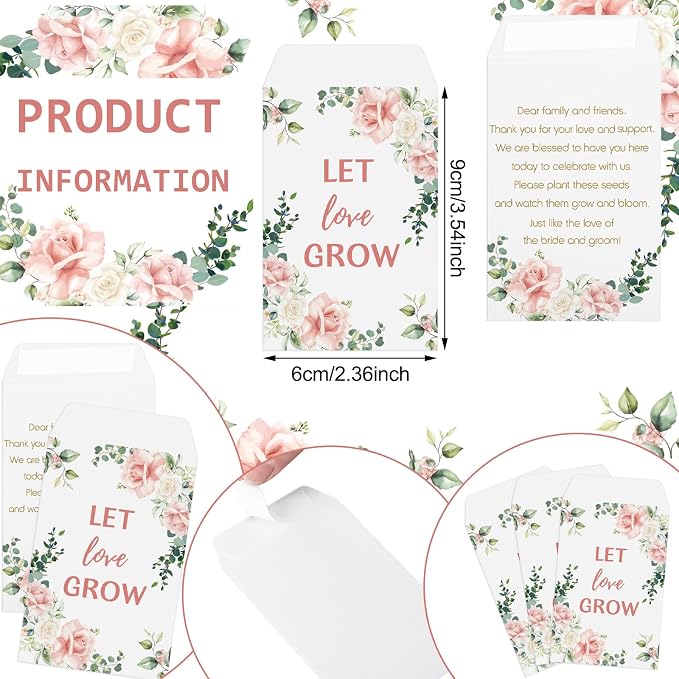 Ctosree 50 Sets Let Love Grow Wedding Favors for Guests Self Adhesive Seed Packets (Seed Not Include) Terracotta Flowerpot Thank You Tags and Organza Gift Bags for Bridal Shower Wedding Party Favors