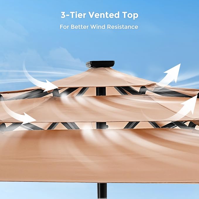 HOMSHADE 3-Tier Patio Umbrella with Solar Lights(Beige,No Base) | 5-Year Fade Resistant;32 LED Lights;Windproof;8 Thicker Ribs;UPF50+;Pool,Lawn,Garden,Deck