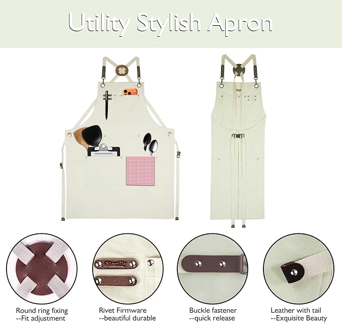 10 Pack Kitchen Apron, Work Apron, Canvas Apron, White | Multiple Pockets, Gardening, Painting, BBQ, Artist, Carpenter, Sizes M to XXL