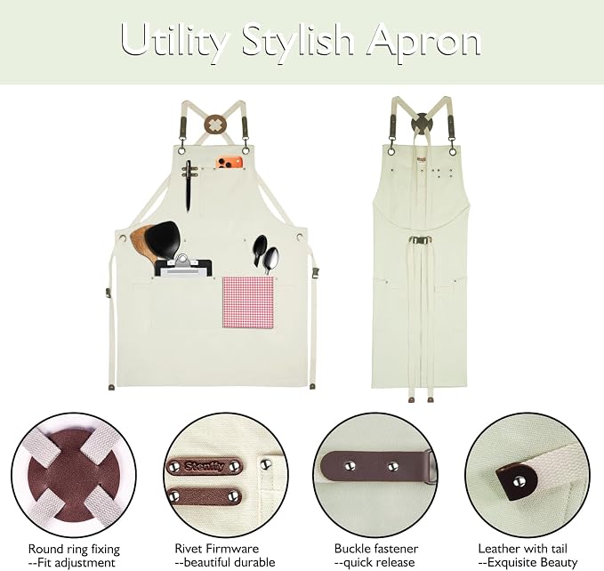 5 Pack Kitchen Apron, Work Apron, Canvas Apron, White | Multiple Pockets, Gardening, Painting, BBQ, Artist, Carpenter, Sizes M to XXL