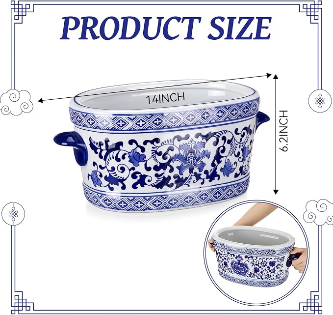LemonRoad Blue and White Ceramic Planter Pot 14 x 7.7 x 6.1 inches Porcelain Vintage Floral Oval Cachepot Vase Chinoiserie Decor for Indoor Plants Flowers Succulents Home Living Room(Elegant Style)