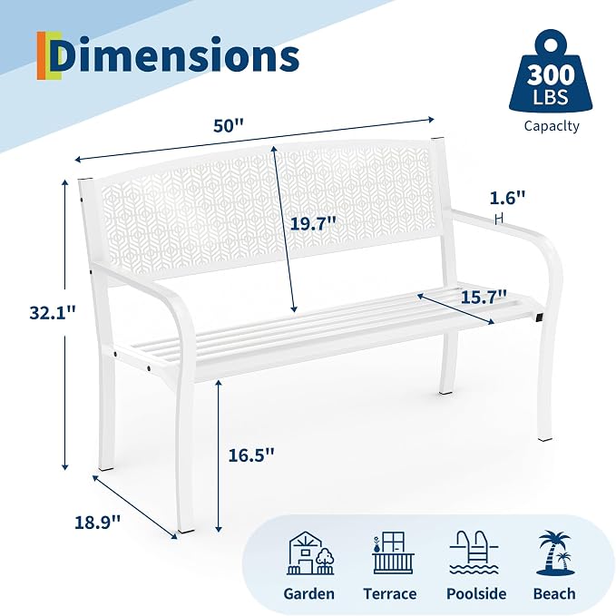 50" Outdoor Metal Garden Bench, Patio Steel Bench with Curved Backrest, Decorative Pattern, Weather-Resistant Porch Bench for Yard, Park, Deck, Backyard