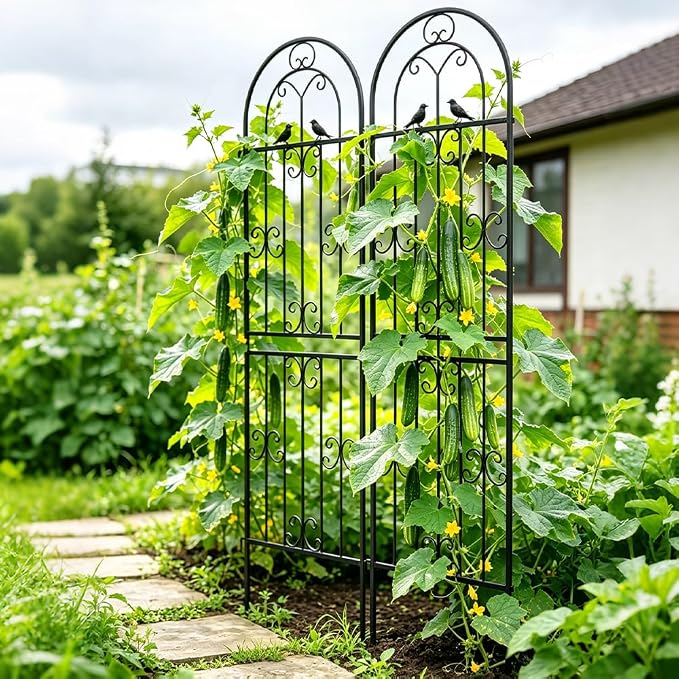 2 Pack 86.7" H x 19.7" W Metal Garden Trellis for Climbing Plants Outdoor, Black Lattice Panel, Sturdy Plant Support for Roses, Vines, Cucumbers & Vegetables