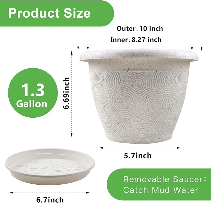 Plastic Flower Pots Planters For Indoor Plants, 3 Pack 10 Inch White Plant Pots With Drainage Hole & Tray, Modern Decorative Large Plant Pot With Saucer For Indoor Outdoor Plants Garden House Planter
