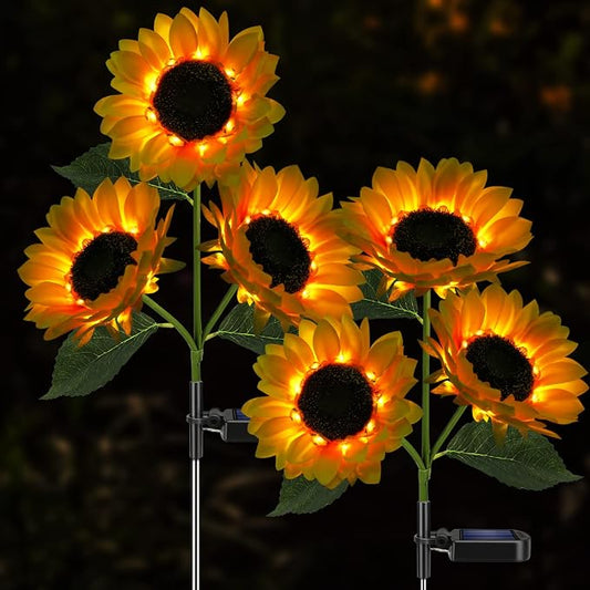 Meagoo Solar Sunflower Lights, 800mA Solar Garden Light with Real Looking Flowers Outdoor Waterproof Solar Stake Lights for Back Yard, Flower Bed, Pathway, Patio, Porch, Fall Decoration (4 Pack)