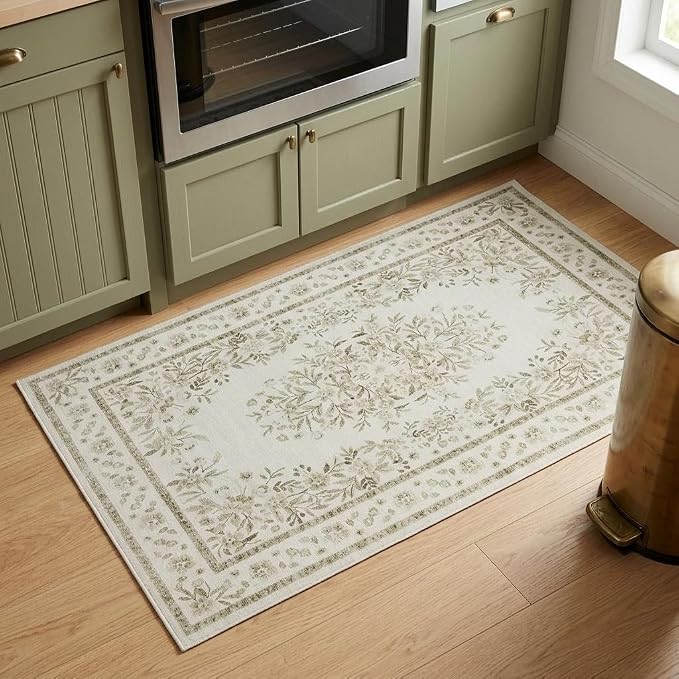 GarveeHome 2x3 Small Rug for Kitchen Vintage Floral Bordered Throw Rug | Leaf Flower Doormat Distressed Botanical Accent Mat Machine Washable Non-Slip Beige Carpet for Hallway Porch Bathroom