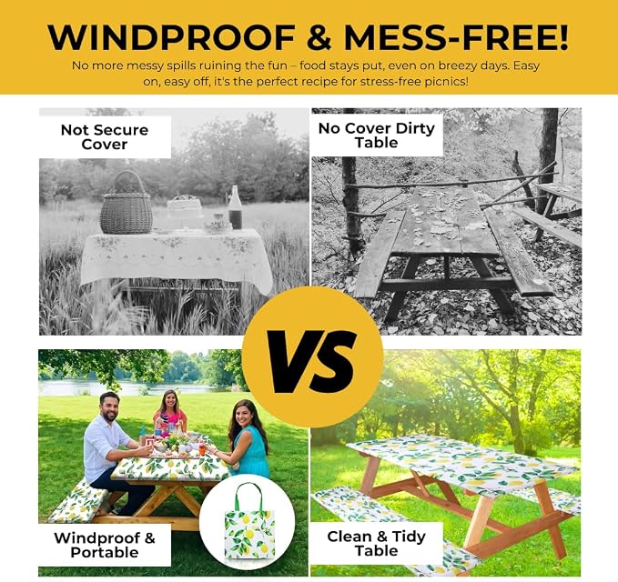 RNOONY 6ft Polyester Picnic Table Cover with Bench Covers Windproof & Waterproof Tablecloth, Perfect for Camping Gifts & RV Essentials, Cool Camping Gadgets, with Carrying Bag, 72x30 Inches, 4Pcs