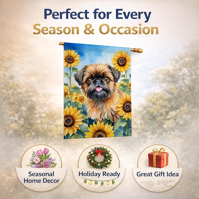 Caroline's Treasures DAC6041CHF Brussels Griffon in Sunflowers House Flag Large Porch Sleeve Pole Decorative Outside Yard Banner Artwork Wall Hanging, Polyester, House Size, Multicolor