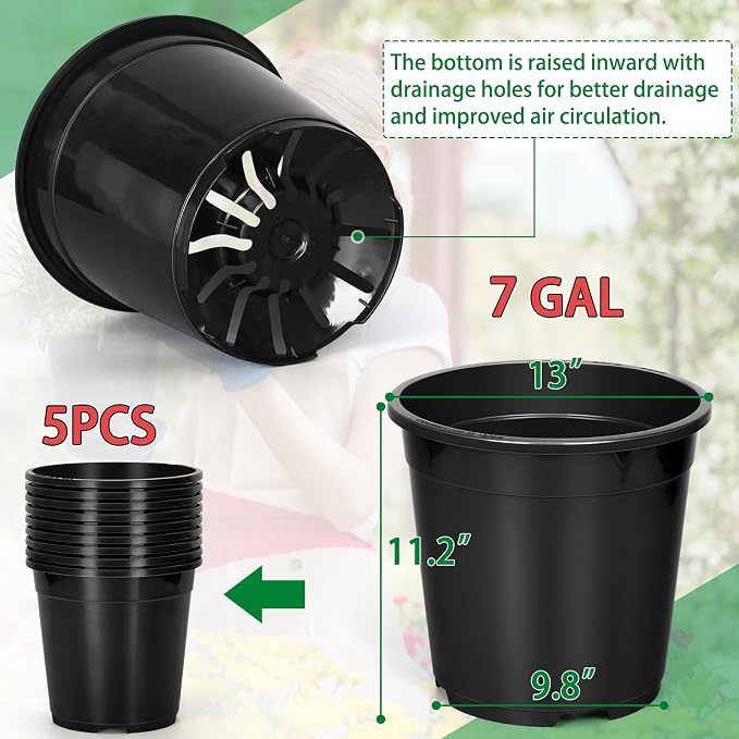 OUPSAUI 2/3/5/7/10 Gallon Pots for Plants, Sturdy Plastic Nursery Pots with Drainage Holes, Plant Pots for Seedlings, Vegetables, Succulents, Cuttings