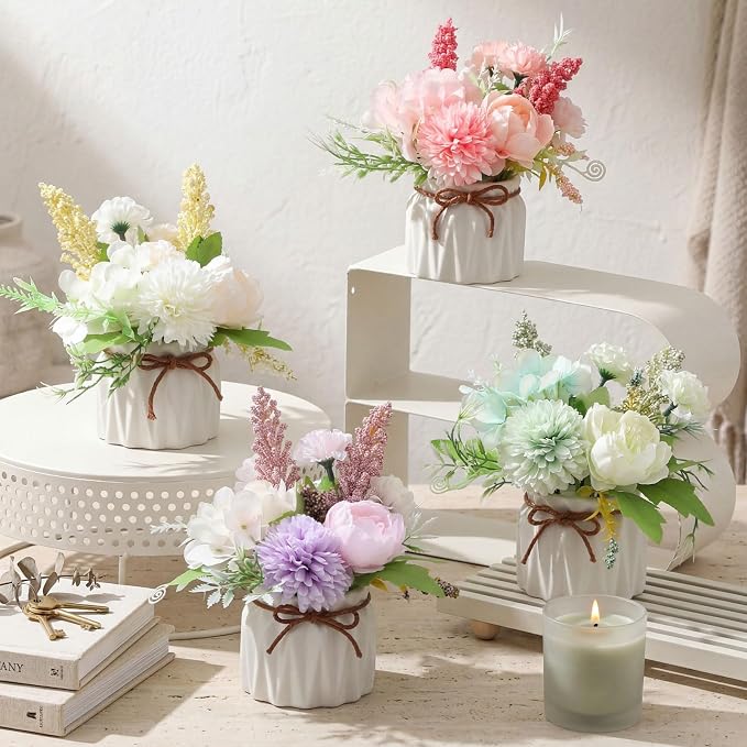 Cindeer 4 Pcs Large Artificial Potted Flowers Fake Potted Plants Plastic Faux Flowers for Home Decor Indoor Artificial Plants in Pots for Wedding Home Desk Tabletop Outdoor Office Kitchen (Elegant)
