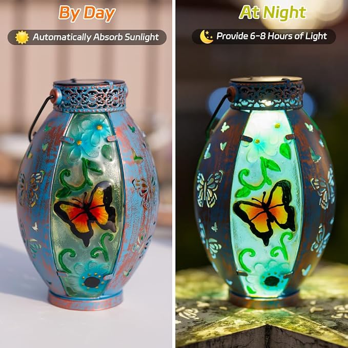 Butterfly Hanging Solar Lantern Outdoor Garden Decor, Butterfly Lantern Memorial Gardening Gifts for Mom Grandma, Solar Lights for Outside Waterproof Table Decor