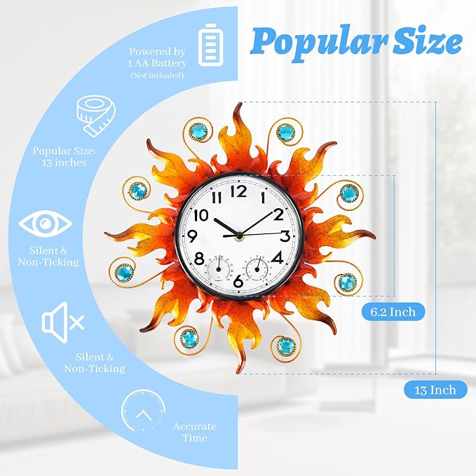 Sun Outdoor Clock with Thermometer and Hygrometer Combo，13'' Wall-Mounted Outdoor Clocks Waterproof Silent No-Ticking for Home, Office, Bedroom, Living Room, Kitchen, Bathroom, Outdoor use