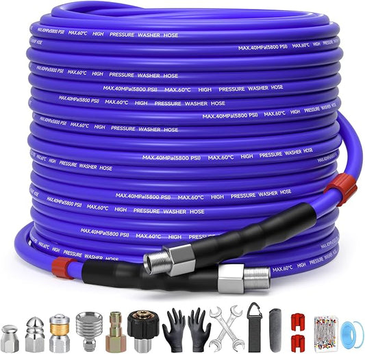 100FT Sewer Jetter Kit for Pressure Washer 1/4" NPT Drain Cleaner Hose 5800PSI Corner Rotating and Button Hose Sewer Jetting Nozzle Pearl Corsage Pin Tape Handle Strap Spanner