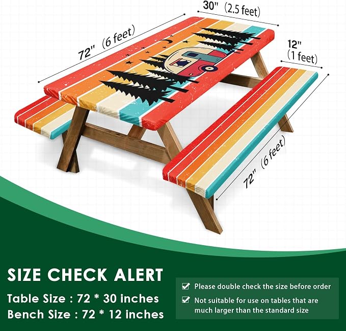 Picnic Table Cover with Bench Covers Elastic Edges, Rainbow Camper Fitted Table Cover, Outdoor Camping Essentials 72 Inch 3PCS, Waterproof Camping Fitted Tablecloth with Drawstring Bag