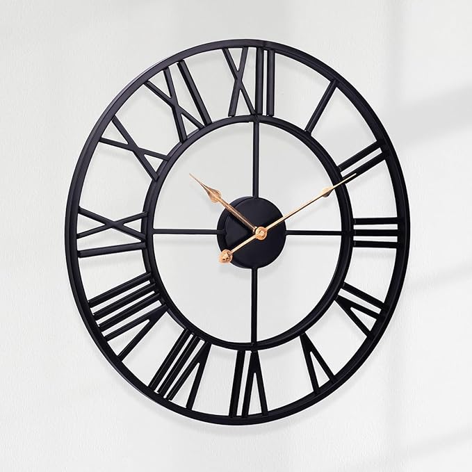 Retro Outdoor Clocks for Patio – Farmhouse Black Metal Outdoor Wall Clock Silent Battery Operated – Vintage Industrial Skeleton Outside Clock for Pool Area, Garden, Backyard, Porch - Roman Numerals