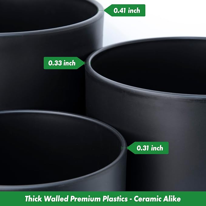 D'vine Dev 10 Inch 12 Inch 14 Inch, Set of 3 Plastic Planter Pots for Plants with Drainage Hole and Seamless Saucers, Black Color, XX-Large, 74-V-B-6