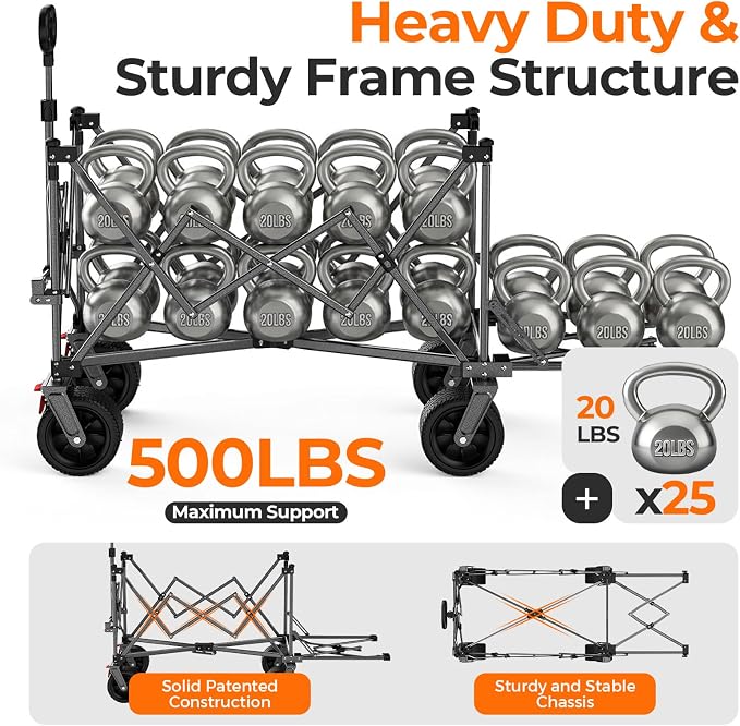 Collapsible Wagon with Tailgate, 55" Expandable 300L All-Terrain | 500 Lbs Heavy Duty, Utility Folding Wagon, 7"×4" Wheel, 360° Swivel & Brakes, Long Item Storage,Beach, Camping, Gardening