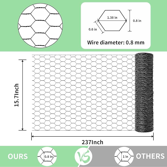 Chicken Wire 15.7 in x 237 in Poultry Wire Netting Hexagonal Galvanized Mesh Garden Fence Barrier for Pet Rabbit Chicken Fencing with 100 Pcs Cable Zip Ties(PVC-Coated)