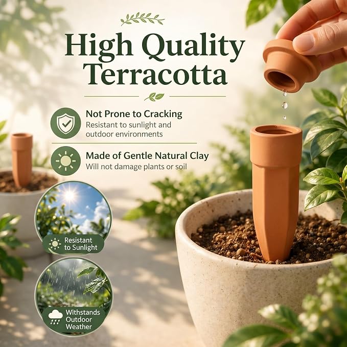 Honeydak 6pcs Medium Terracotta Watering Spikes with Lids 5'' Automatic Plant Waterer Self Watering Stake Planter Insert Slow Release Device for Bottles 5-9'' Pot Plants Indoor Outdoor Garden Vacation