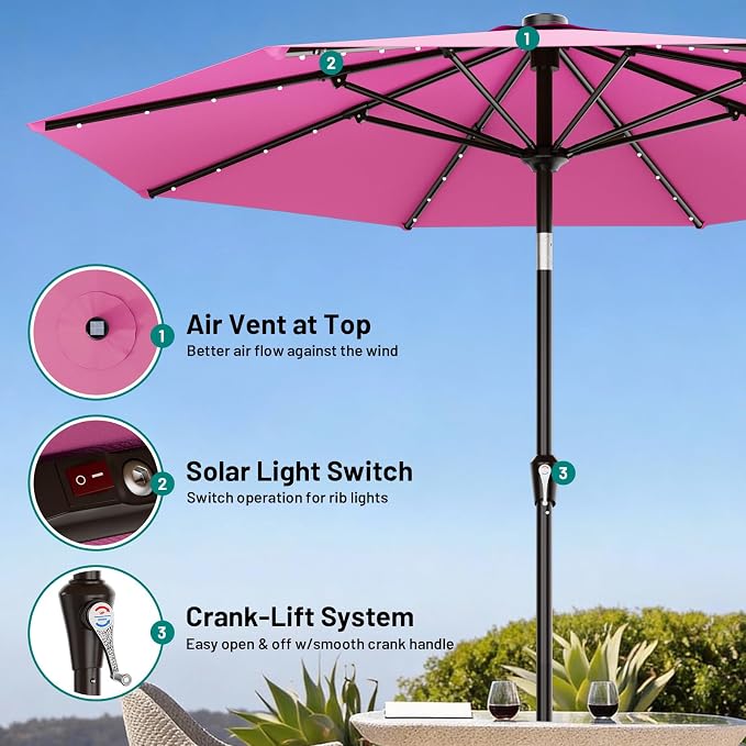 AreShark 9FT Patio Umbrella with Solar Lights, 32 Lighted Pool Umbrella w/Tilt and Crank, Outdoor Market Solar Umbrellas for Garden, Deck, Backyard, Pool and Beach, Rose Pink