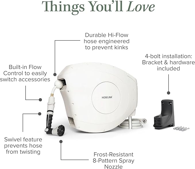 HOSELINK Classic Beige 50ft Hi-Flow Automatic Retractable Garden Hose Reel, 9/16”, 8-Pattern Spray Nozzle, UV-Stabilized Kink-Free Hose, Wall Mounted Watering Solution for Backyard, Garden & Outdoor