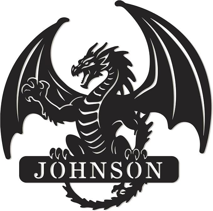 Personalized Dragon Metal Wall Art – Custom Last Name Sign, Western Dragon Home Decor for Living Room, Porch & Outdoor Display