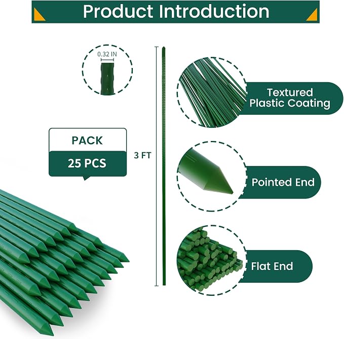 PROWORX 36 Inch 3 Ft Plant Support Garden Stakes 25 PCS, Sturdy Steel Plastic Coated Sticks for Outdoor Growing Climbing, Tomato, Trees, Cucumber, Beans
