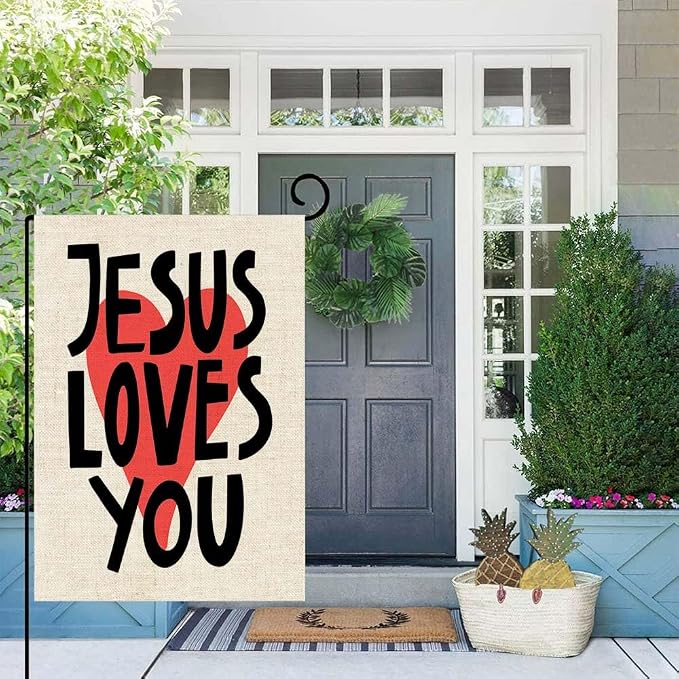 EMMTEEY Double Sided Easter Garden Flag 12.5X18 Inch Yard Outdoor Decor Garden Flag Jesus Loves You Lettering Design Housewarming Modern Red Heart White Garden Flag
