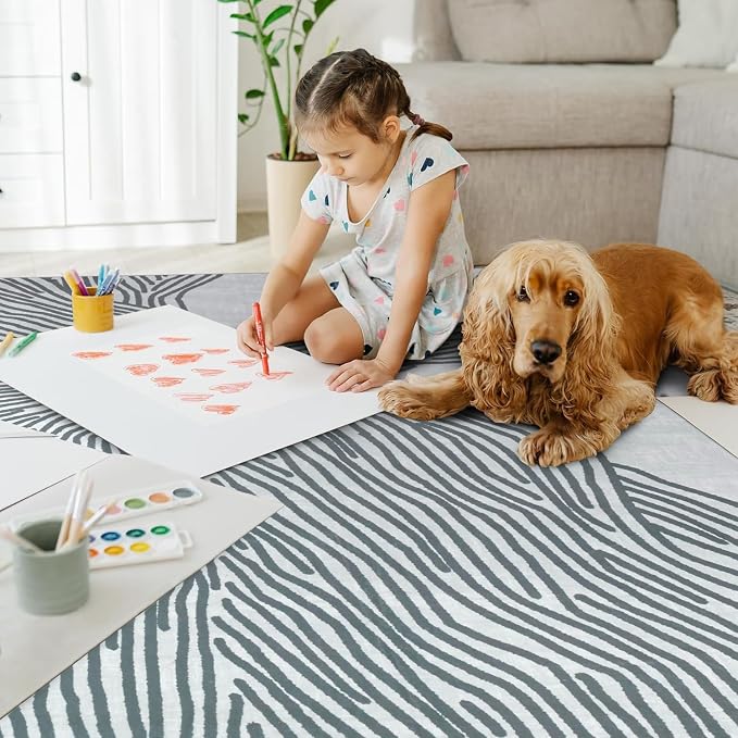 Grey Rug for Living Room, 5×7 Modern Abstract Area Rug, Geometric Contemporary Wave Striped Rugs for Playroom Nursery, Washable Nonslip Large Rug for Bedroom Dining Room