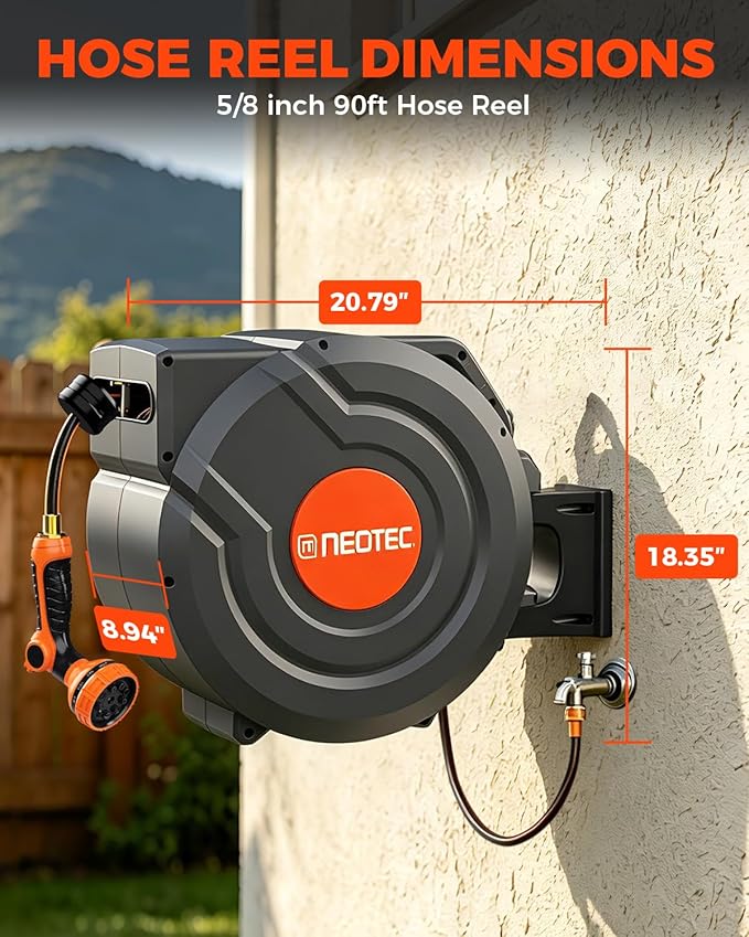 5/8 Inch 90FT Retractable Garden Hose Reel, Automatic Slow Return & Any Length Lock, Wall Mounted Heavy Duty Hose Reels for Outside with 9 Spray Nozzle, 180° Swivel UV Resistant