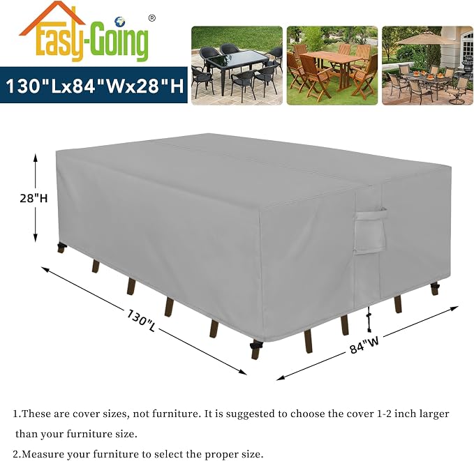 Easy-Going Rectangle Patio Furniture Cover Waterproof Outdoor Dining Table and Chair Cover Anti-UV Outside Sectional Sofa Set Covers (130"L x 84"W x 28"H, Grey)