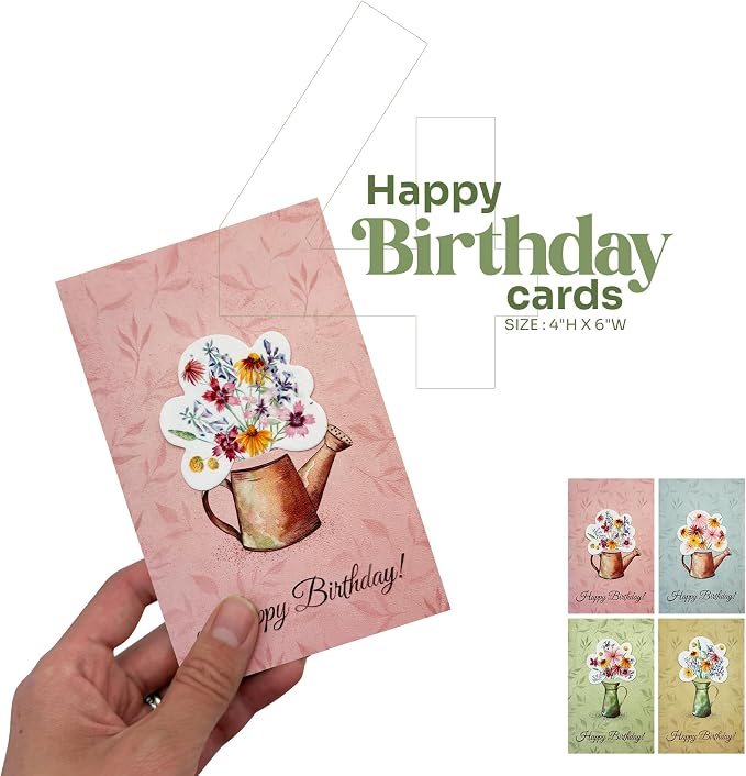 Birthday Cards – 4 Plantable Bouquet Inserts with Wildflower Seeds, 4 Birthday Cards & Envelopes for Kids, Adults, Friends, Family, Coworkers, Men and Women