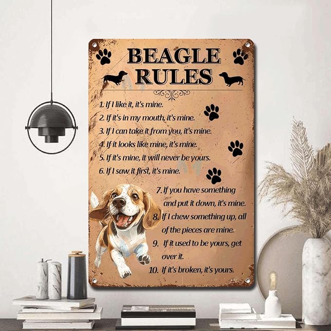 Metal Sign Tin Sign Vintage Wall Art Beagle Rules Tin Sig for Bar 12×16 Inches