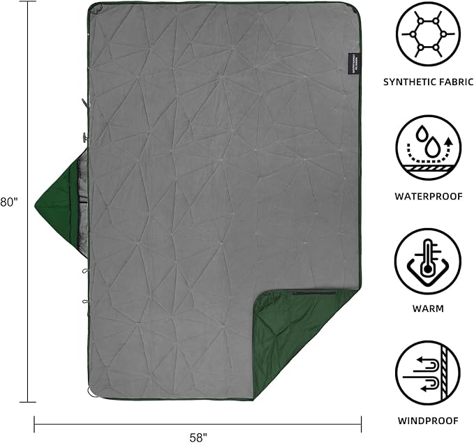 Large Waterproof Outdoor Blanket Thick Fleece 80" x 58" | Windproof Stadium Blanket, Wearable Poncho, Machine Washable for Camping, Car, Pet, Picnics - Green Hooded