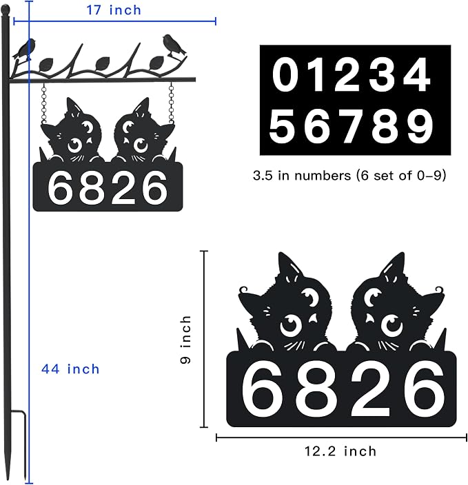 Metal Address Sign for Houses, House Numbers for Outside, Double-Sided Reflective Home Address Sign For Yard, Mailbox Decor Numbers, Address Plaques for High Visibility (Black Cat)
