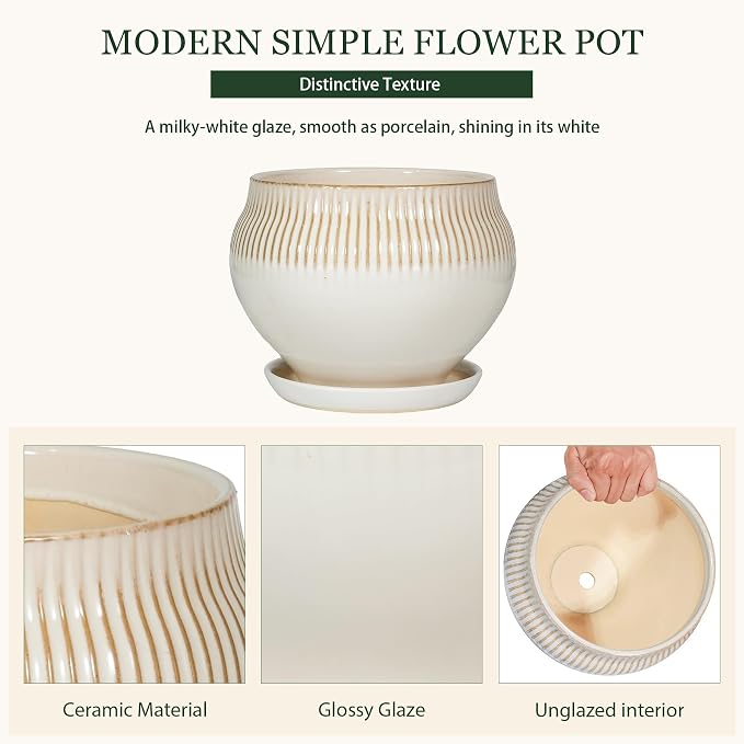 10.6 Inch Modern Ceramic Plant Pot with Drainage Hole and Mesh Net, Indoor Outdoor Planter with Saucer & Gardening Glove, Pots for Succulents, Flowers, Large Plants, White