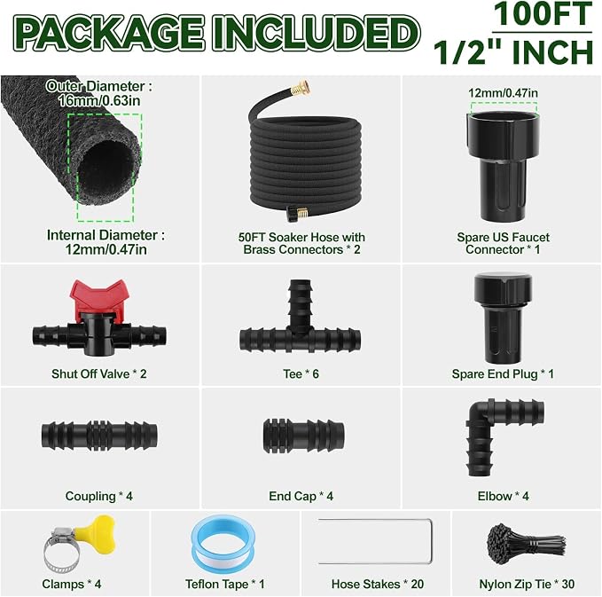 Kalolary 100FT Soaker Hose Kit 1/2" Drip Hose for Garden 80% Water Saving Drip Hose with Connectors Valve End Plug Drip Irrigation System Kit for Flower Bed Lawn Garden