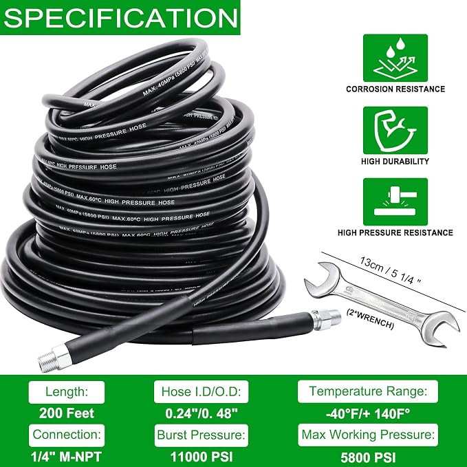 West Bay 200FT Sewer Jetter Kit for Pressure Washer, 5800PSI Drain Cleaner Hose 1/4 Inch NPT, Corner, Rotating and Button Nose Sewer Jetting Nozzle Waterproof Tape Pearl Corsage Pin with 2Pcs Spanner