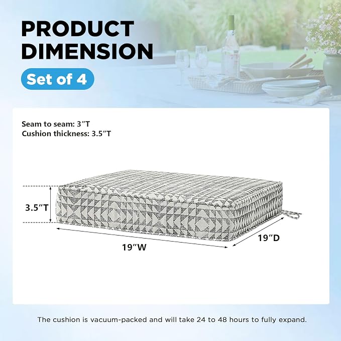 19 x 19 Inch Sunbrella Outdoor Chair Cushions with Tie Straps, Set of 4 Thick Water Repellent Square Patio Chair Pads for Garden Lawn Patio Furniture, Runa Classic