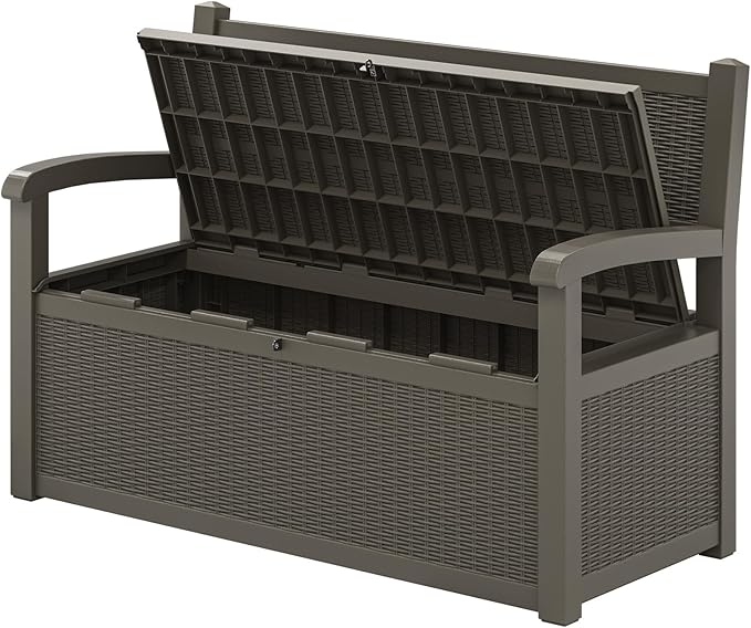 80 Gallon Outdoor Storage Bench, Resin Patio Storage Bench with Armrest, Lockable Deck Boxes Outdoor Waterproof and UV Resistant for Cushions, Garden Tools and Pool Supplies, Charcoal Grey