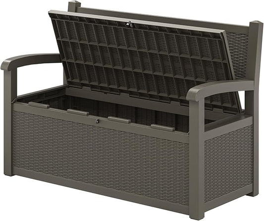 80 Gallon Outdoor Storage Bench, Resin Patio Storage Bench with Armrest, Lockable Deck Boxes Outdoor Waterproof and UV Resistant for Cushions, Garden Tools and Pool Supplies, Charcoal Grey